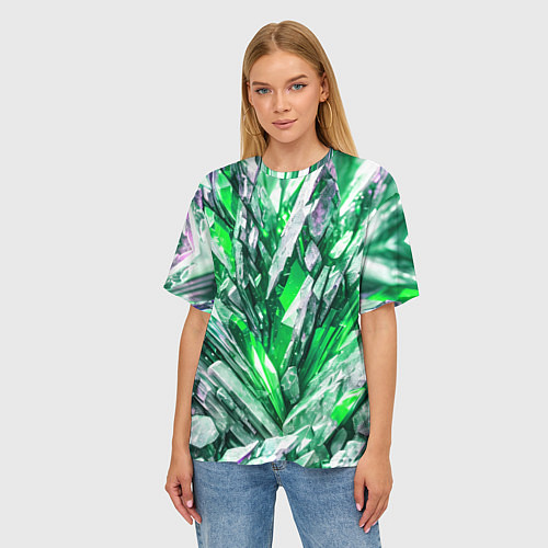 Женская футболка оверсайз Зелёные драгоценные кристаллы / 3D-принт – фото 3
