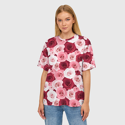 Женская футболка оверсайз Красные и розовые розы / 3D-принт – фото 3