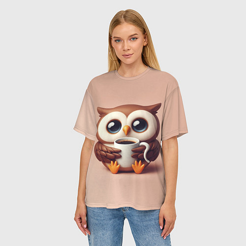 Женская футболка оверсайз Мультяшная сова держит кружку с кофе / 3D-принт – фото 3