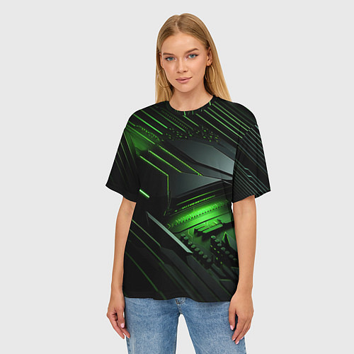 Женская футболка оверсайз Металл и зеленый яркий неоновый свет / 3D-принт – фото 3