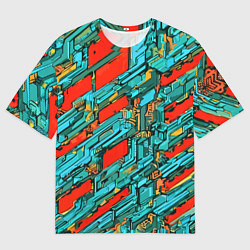Футболка оверсайз женская Голубые фрагменты на красном фоне, цвет: 3D-принт