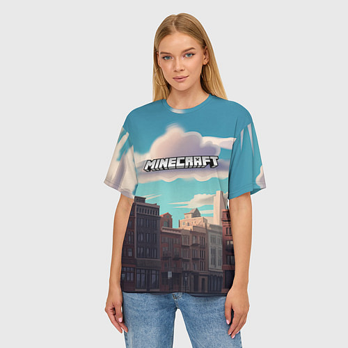 Женская футболка оверсайз Minecraft город и лого / 3D-принт – фото 3