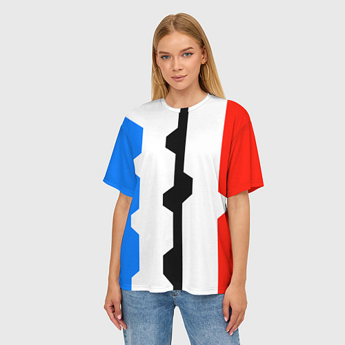 Женская футболка оверсайз Техно линии синий и красный / 3D-принт – фото 3