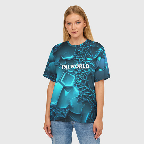 Женская футболка оверсайз Palworld логотип на ярких синих неоновых плитах / 3D-принт – фото 3
