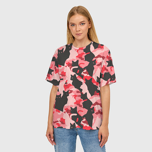 Женская футболка оверсайз Розовый камуфляж из котов / 3D-принт – фото 3
