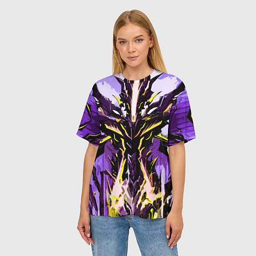 Женская футболка оверсайз Чёрно-жёлтая агрессивная абстракция на фиолетовом / 3D-принт – фото 3