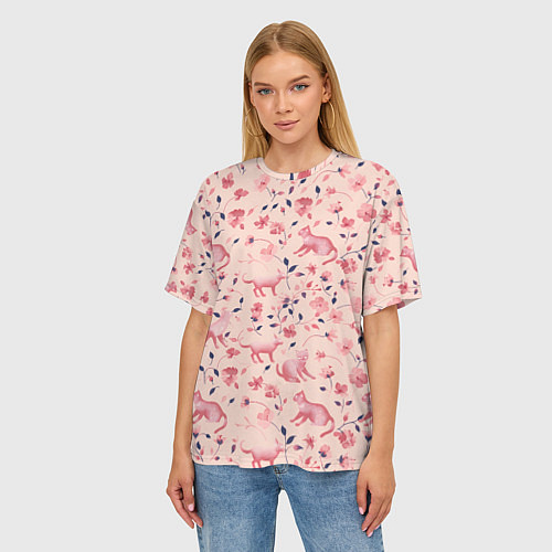 Женская футболка оверсайз Розовый паттерн с цветами и котиками / 3D-принт – фото 3