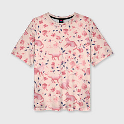 Женская футболка оверсайз Розовый паттерн с цветами и котиками