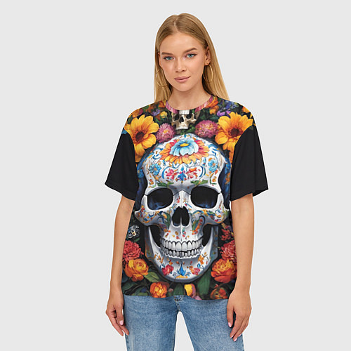 Женская футболка оверсайз Bright colors and a skull / 3D-принт – фото 3