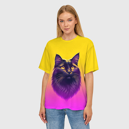 Женская футболка оверсайз Кот чёрный с золотыми глазами / 3D-принт – фото 3