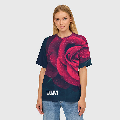 Женская футболка оверсайз Красная роза на чёрном - woman / 3D-принт – фото 3