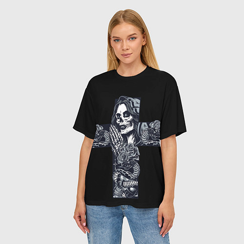 Женская футболка оверсайз Santa muerte cross / 3D-принт – фото 3