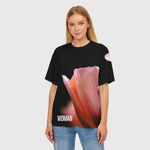 Женская футболка оверсайз Тюльпан на чёрном - woman / 3D-принт – фото 3