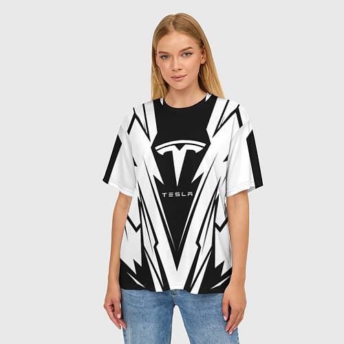 Женская футболка оверсайз Tesla - black and white / 3D-принт – фото 3