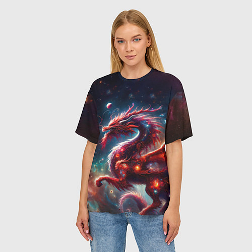 Женская футболка оверсайз Красный космический дракон / 3D-принт – фото 3