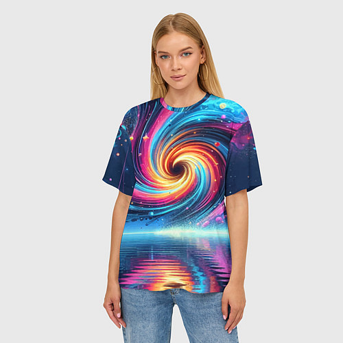 Женская футболка оверсайз Неоновая космическая абстракция - нейросеть / 3D-принт – фото 3