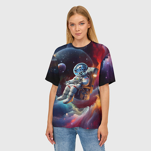 Женская футболка оверсайз Космонавт далматинец в неоновой галактике / 3D-принт – фото 3