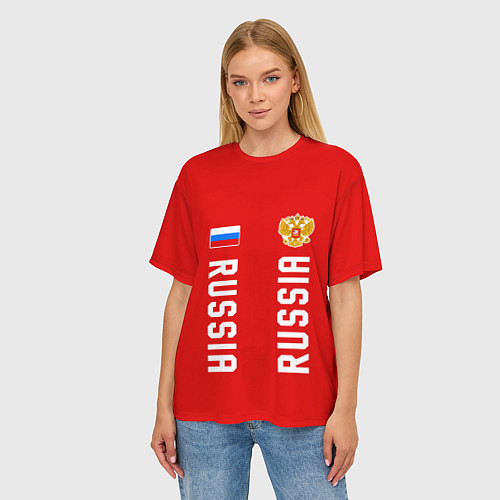 Женская футболка оверсайз Россия три полоски на красном фоне / 3D-принт – фото 3