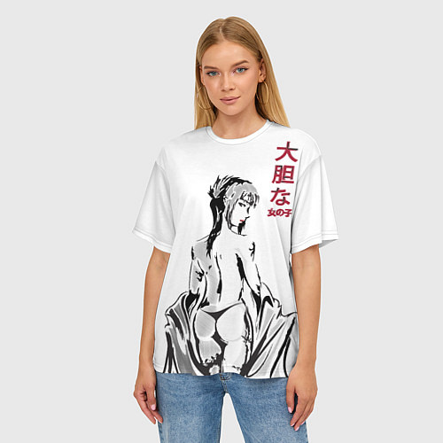 Женская футболка оверсайз Девушка вполоборота в стиле манга с японскими иеро / 3D-принт – фото 3