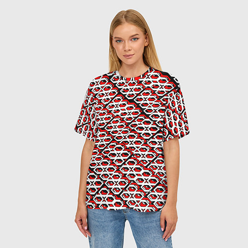 Женская футболка оверсайз Красно-белый узор на чёрном фоне / 3D-принт – фото 3