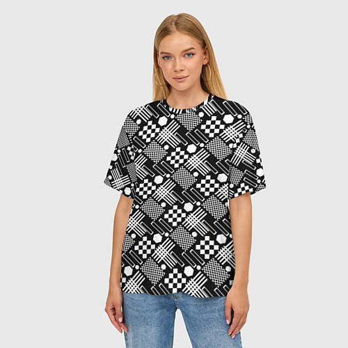 Женская футболка оверсайз Черно белый узор из геометрических фигур / 3D-принт – фото 3