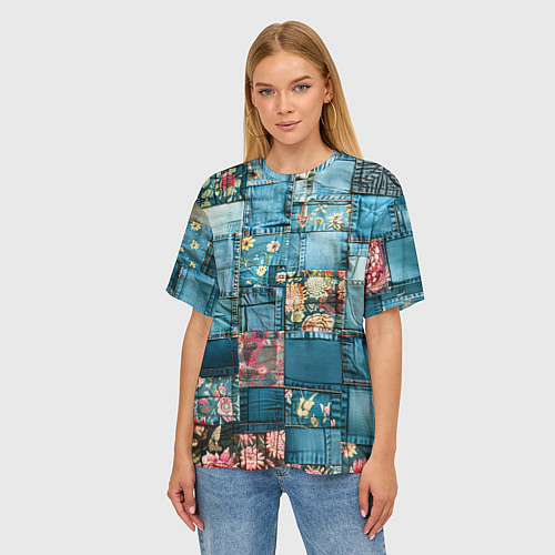 Женская футболка оверсайз Джинсовые лоскуты с цветочками / 3D-принт – фото 3