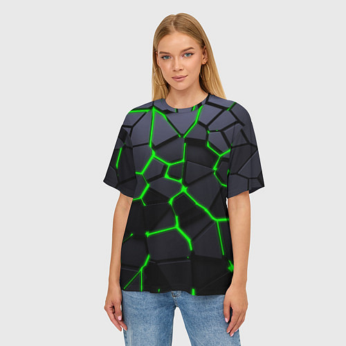Женская футболка оверсайз Зеленые плиты киберпанк / 3D-принт – фото 3