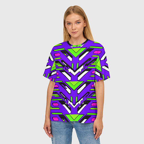 Женская футболка оверсайз Техно броня фиолетово-зелёная / 3D-принт – фото 3