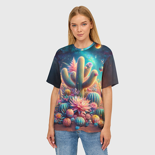 Женская футболка оверсайз Кактусы цветущие под космическим небом / 3D-принт – фото 3