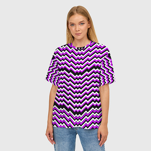 Женская футболка оверсайз Фиолетовые и белые ломаные линии / 3D-принт – фото 3
