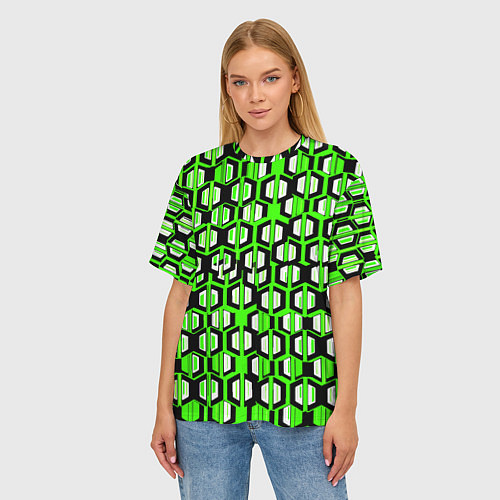 Женская футболка оверсайз Техно узор из шестиугольников зелёный / 3D-принт – фото 3