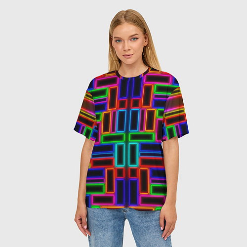 Женская футболка оверсайз Цветные светящиеся прямоугольники / 3D-принт – фото 3