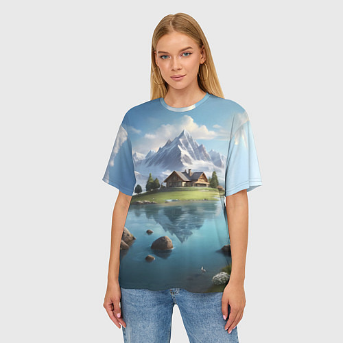 Женская футболка оверсайз Чудесный день на берегу озера в горах / 3D-принт – фото 3