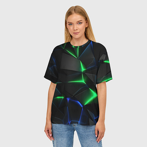 Женская футболка оверсайз Объемная геометрическая зеленая неоновая абстракци / 3D-принт – фото 3