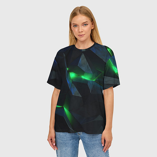 Женская футболка оверсайз Объемная геометрическая зеленая неоновая абстракци / 3D-принт – фото 3