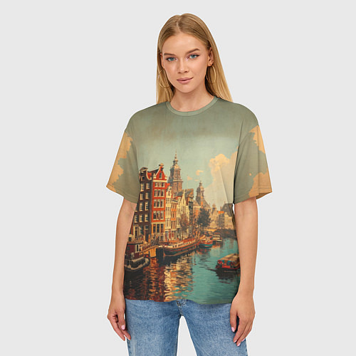 Женская футболка оверсайз Винтажная открытка городского канала / 3D-принт – фото 3