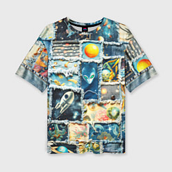 Женская футболка оверсайз Космические обитатели - пэчворк