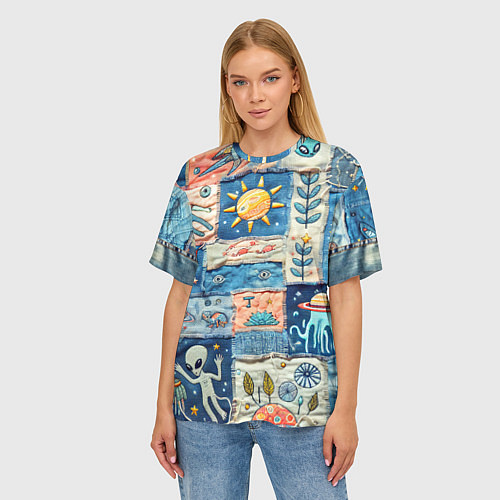 Женская футболка оверсайз Инопланетные обитатели на пэчворке / 3D-принт – фото 3