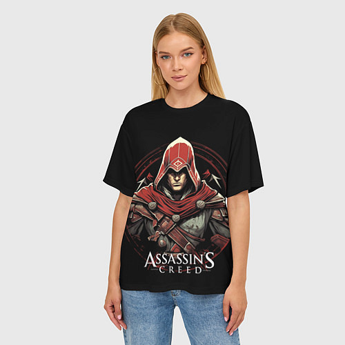 Женская футболка оверсайз Assassins creed в красном капюшоне / 3D-принт – фото 3