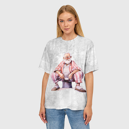 Женская футболка оверсайз Дед с кружкой сидит / 3D-принт – фото 3