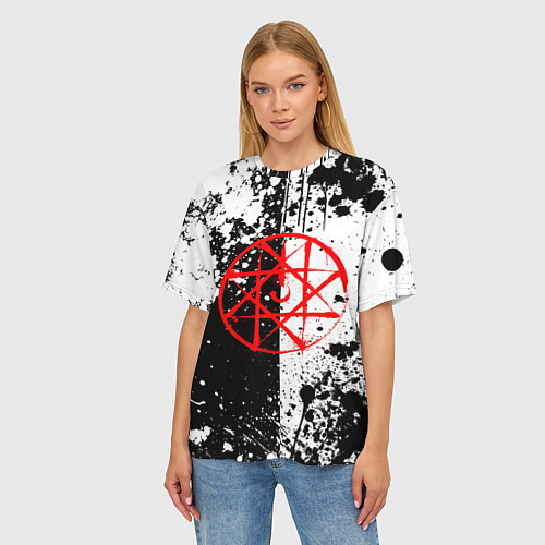 Женская футболка оверсайз Стальной алхимик - брызги черно-белые / 3D-принт – фото 3
