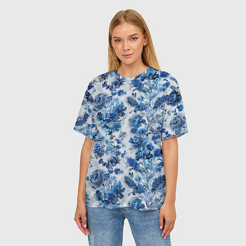 Женская футболка оверсайз Цветочный сине-голубой узор / 3D-принт – фото 3