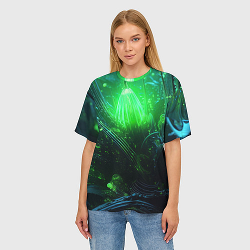 Женская футболка оверсайз Зеленая кислотная яркая неоновая абстракция / 3D-принт – фото 3