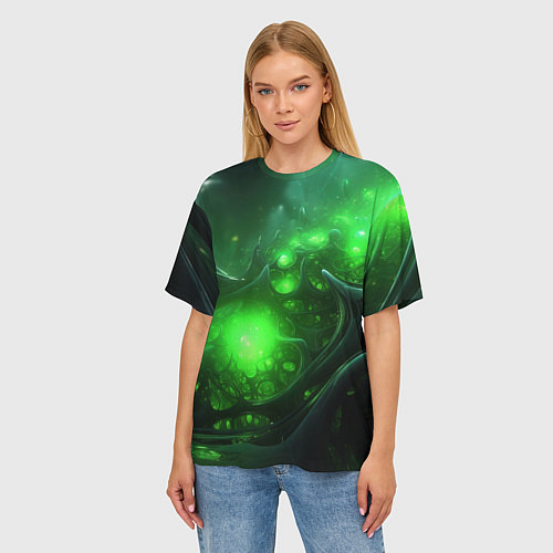 Женская футболка оверсайз Зеленая кислотная яркая неоновая абстракция / 3D-принт – фото 3