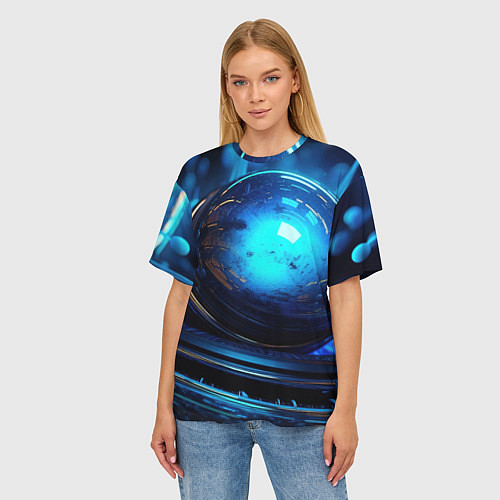 Женская футболка оверсайз Кислотная синяя яркая неоновая абстракция / 3D-принт – фото 3