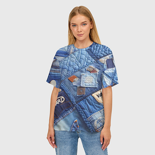 Женская футболка оверсайз Vanguard jeans patchwork - ai art / 3D-принт – фото 3