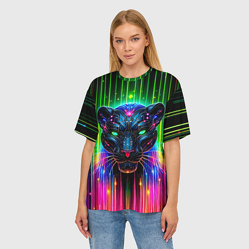 Женская футболка оверсайз Неоновая цифровая пантера / 3D-принт – фото 3