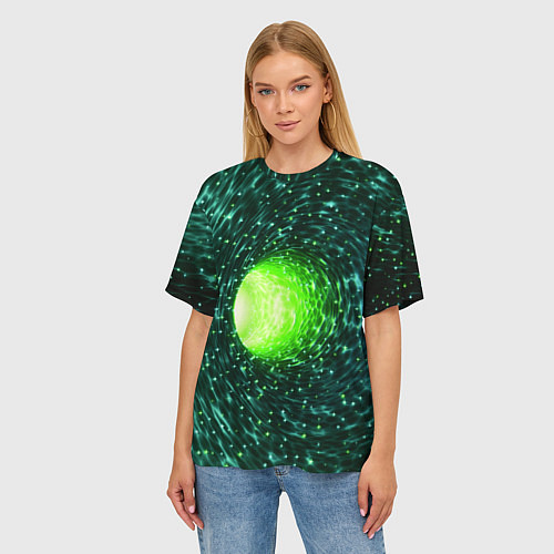 Женская футболка оверсайз Червоточина - зеленый водоворот со свечением / 3D-принт – фото 3