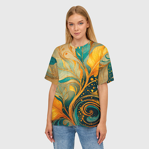 Женская футболка оверсайз Золотые и бирюзовые листья абстракция / 3D-принт – фото 3