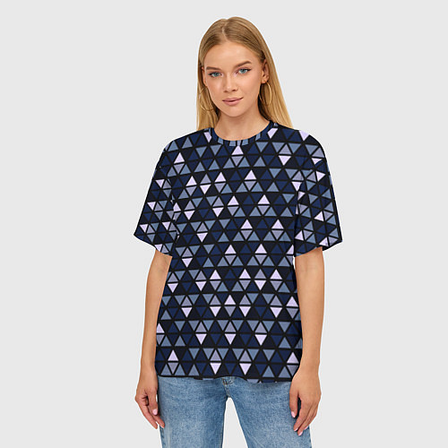 Женская футболка оверсайз Чёрно-синий паттерн треугольники / 3D-принт – фото 3